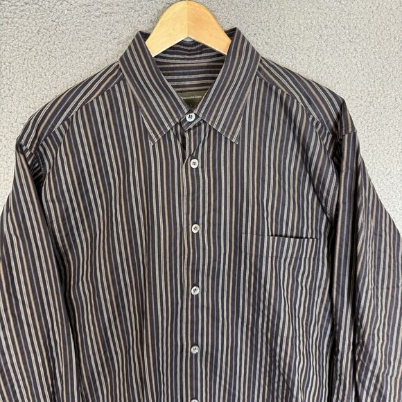 Ermenegildo Zegna Shirt Mens L Black Striped Long Sleeve Button Up Cotton - Picture 2 of 7